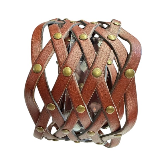 Woven‎ Lattice Studded Leather Wide Waist Belt Cognac Brown L/XL FL21A503 main image 6